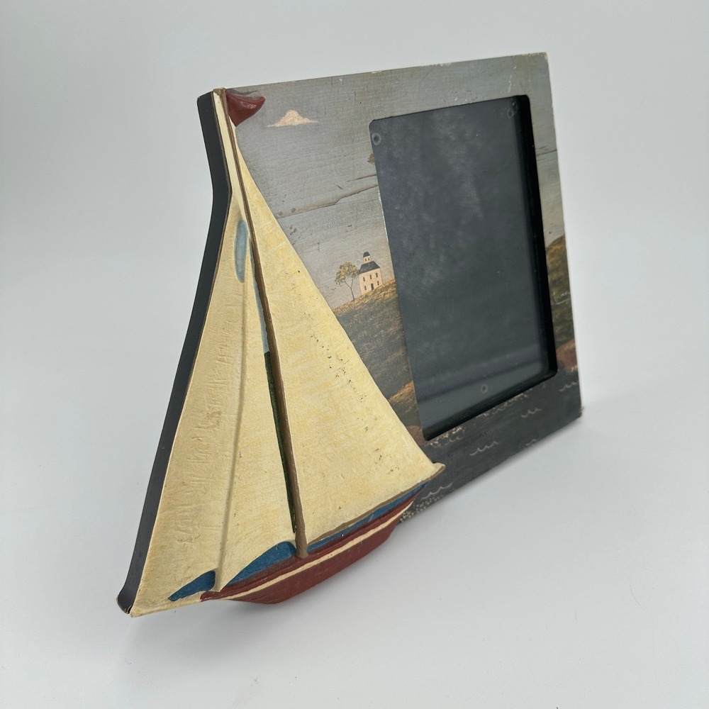 Warren Kimble Folk Art Sailboat Wooden Picture Frame 5x7 Nautical Coastal Decor